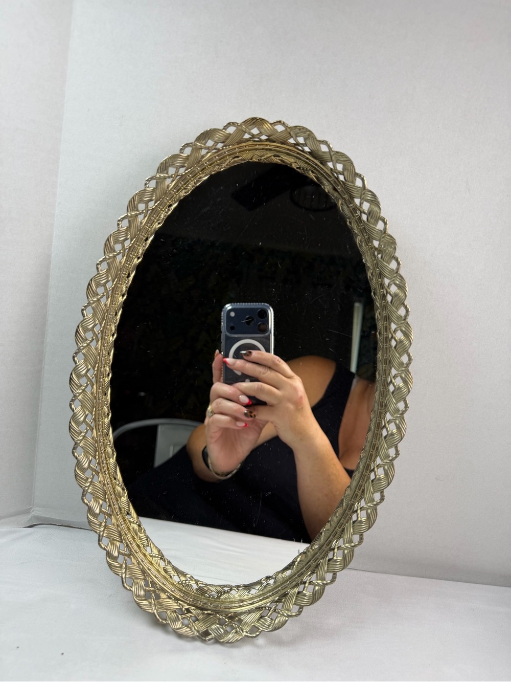 Vintage Ornate Vanity Mirror Tray Brass Tone Filigree Gallery Tray Decor